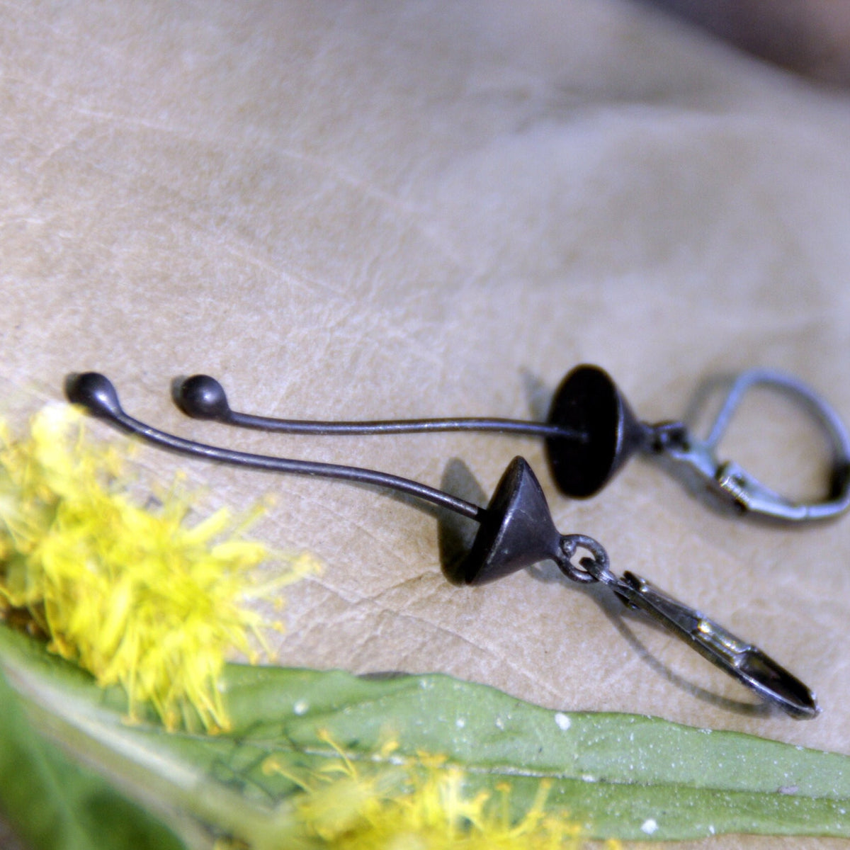 Black Mushroom Earrings – Copper & Pewter Long Stem Dangles – Minimalist Forest