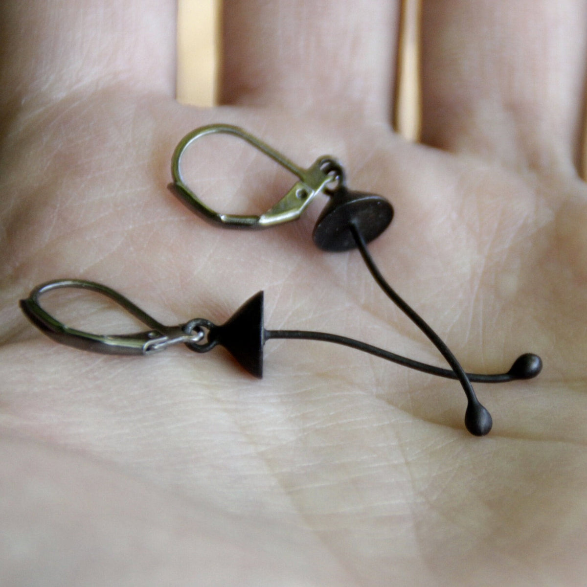 Black Mushroom Earrings – Copper & Pewter Long Stem Dangles – Minimalist Forest