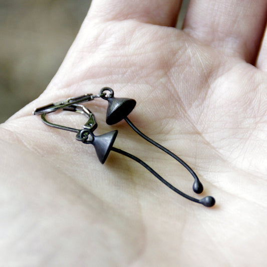 Black Mushroom Earrings – Copper & Pewter Long Stem Dangles – Minimalist Forest