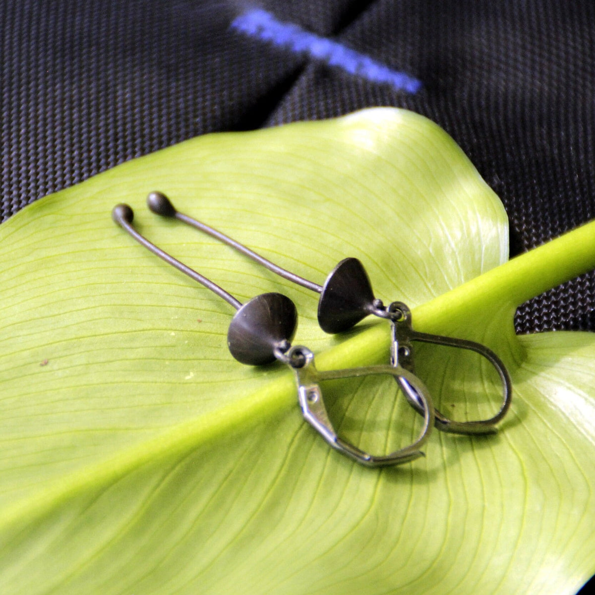 Black Mushroom Earrings – Copper & Pewter Long Stem Dangles – Minimalist Forest