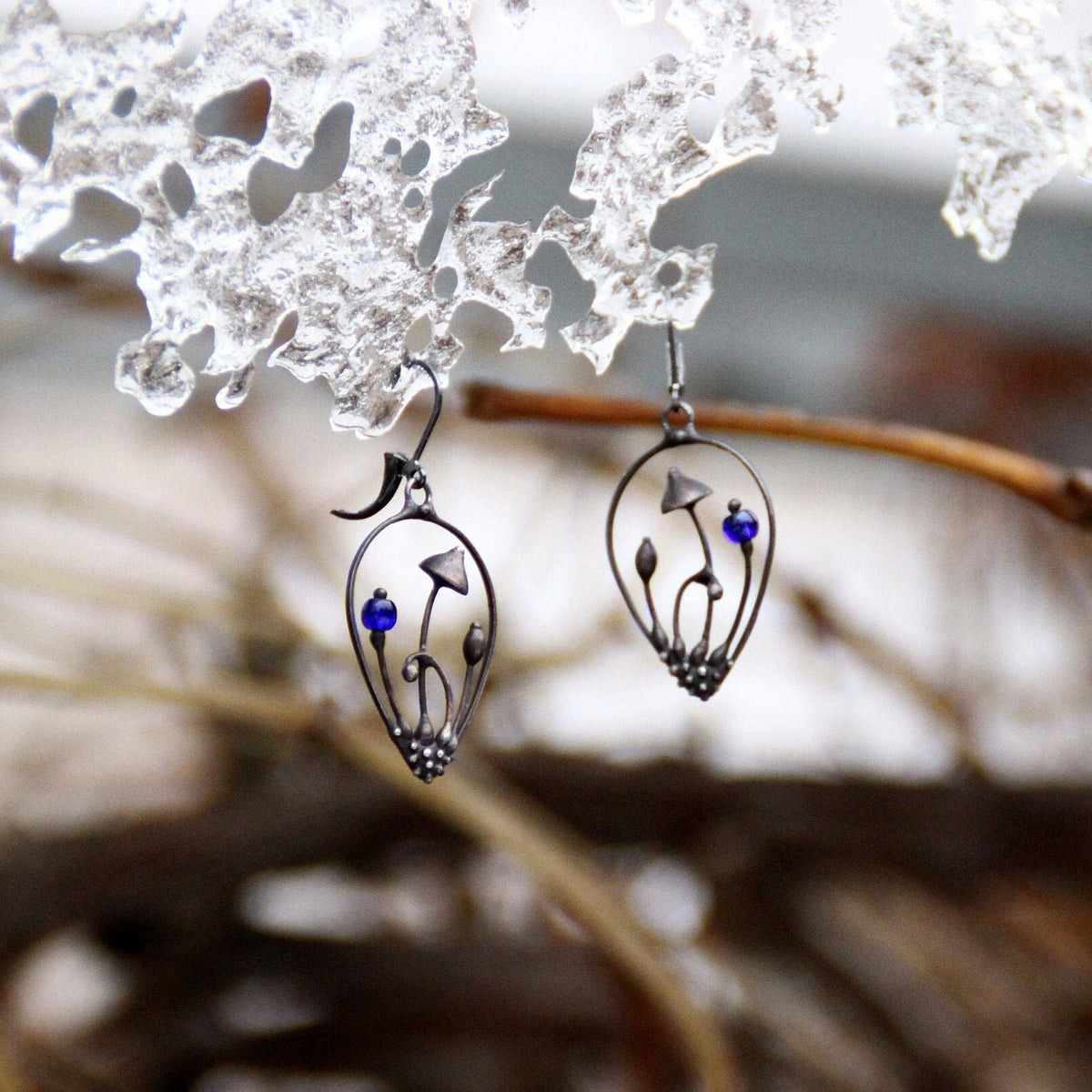 Blue Glass Mushroom Drop Earrings – Blackened Copper
