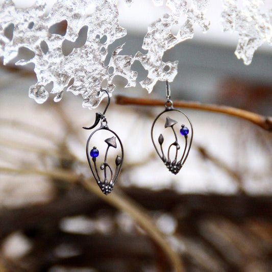 Blue Glass Mushroom Drop Earrings – Blackened Copper