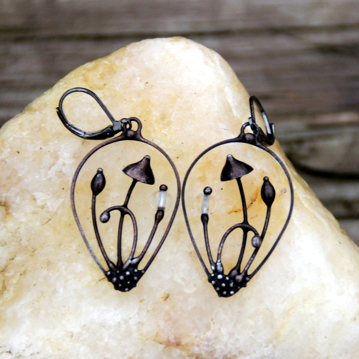 Clear Glass Mushroom Earrings – Blackened Copper Teardrop Dangles – Botanical Forest