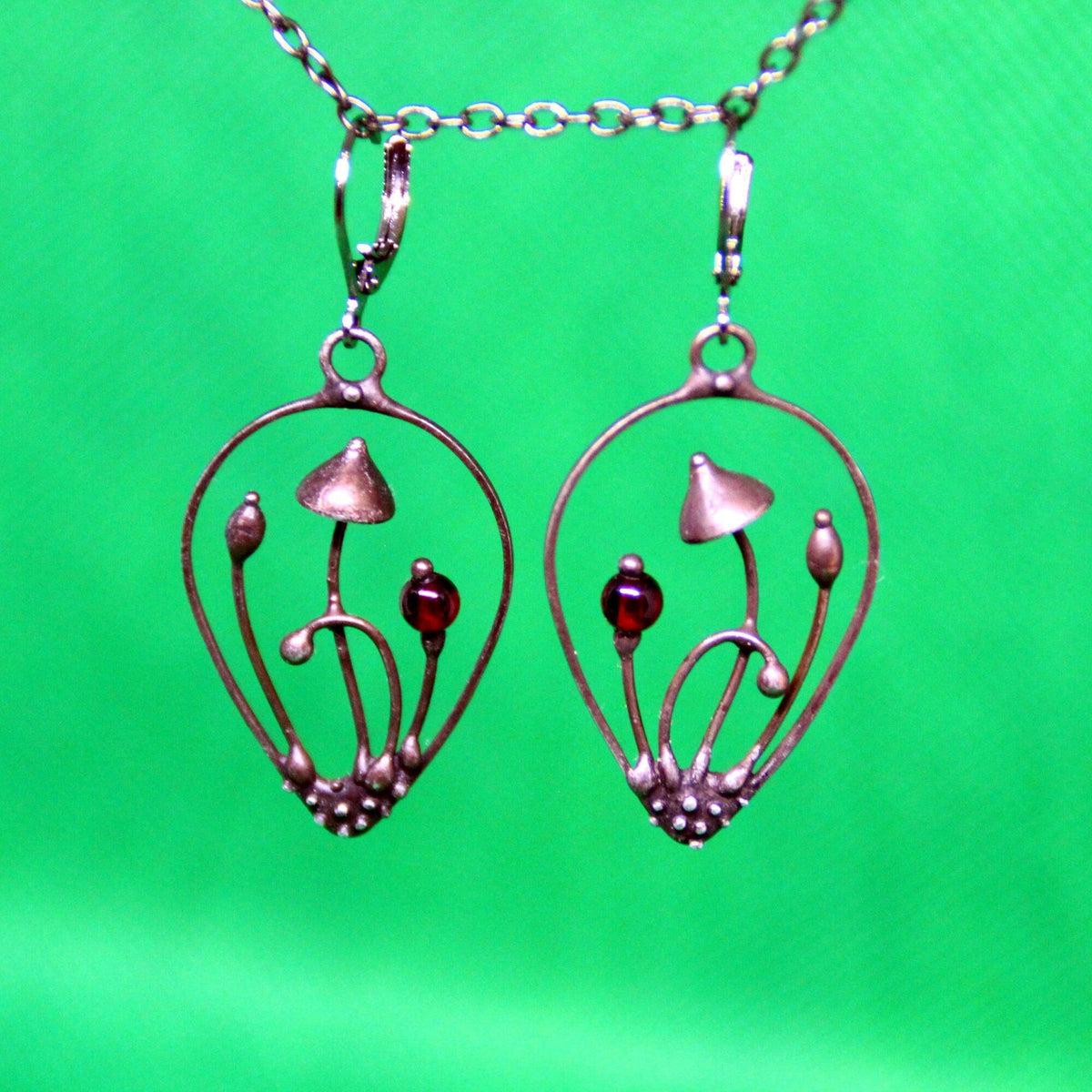 Deep Red Glass Mushroom Teardrop Earrings – Blackened Copper