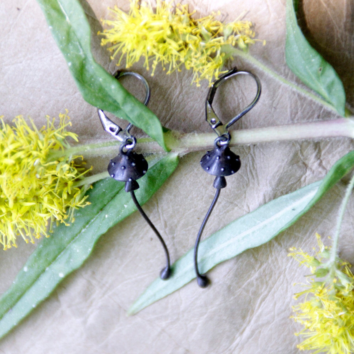 Black Amanita Mushroom Earrings – Copper & Pewter Toadstool Dangles – Woodland Witch