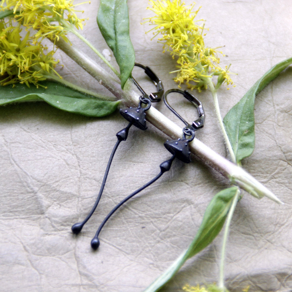 Black Amanita Mushroom Earrings – Copper & Pewter Toadstool Dangles – Woodland Witch