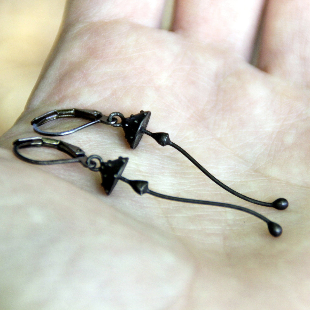 Black Amanita Mushroom Earrings – Copper & Pewter Toadstool Dangles – Woodland Witch