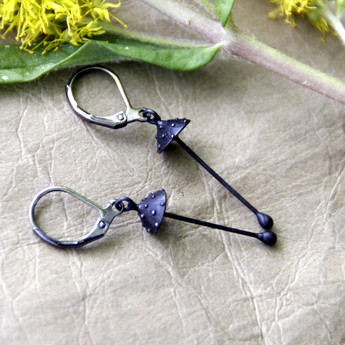 Black Amanita Mushroom Earrings – Copper & Pewter Long Stem Dangles – Forest Witch