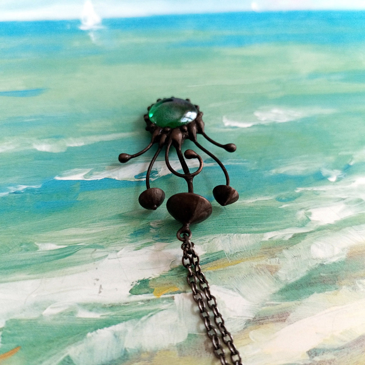 Green Glass Long Stem Mushroom Necklace – Blackened Copper