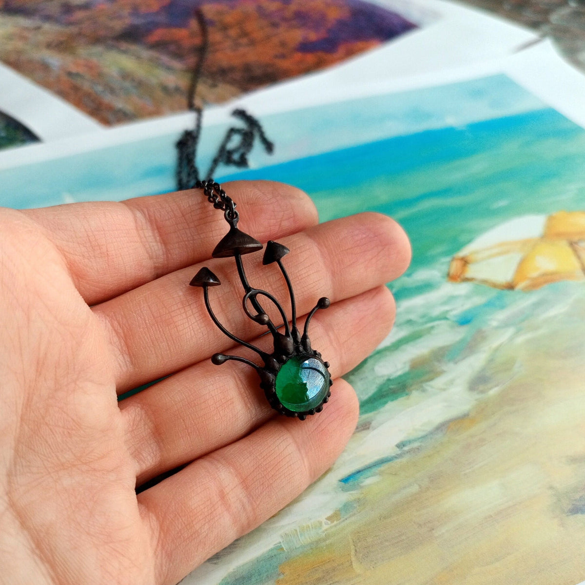 Green Glass Long Stem Mushroom Necklace – Blackened Copper