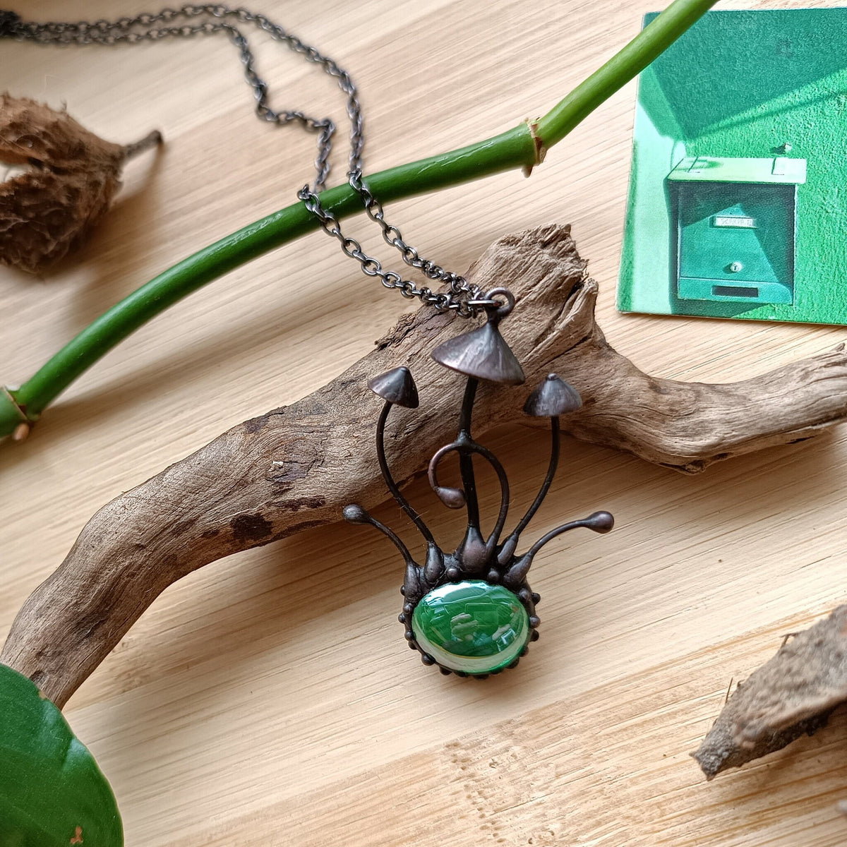 Green Glass Long Stem Mushroom Necklace – Blackened Copper