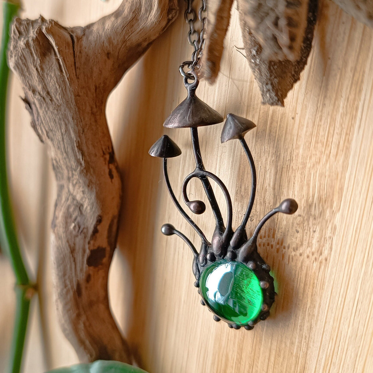 Green Glass Long Stem Mushroom Necklace – Blackened Copper