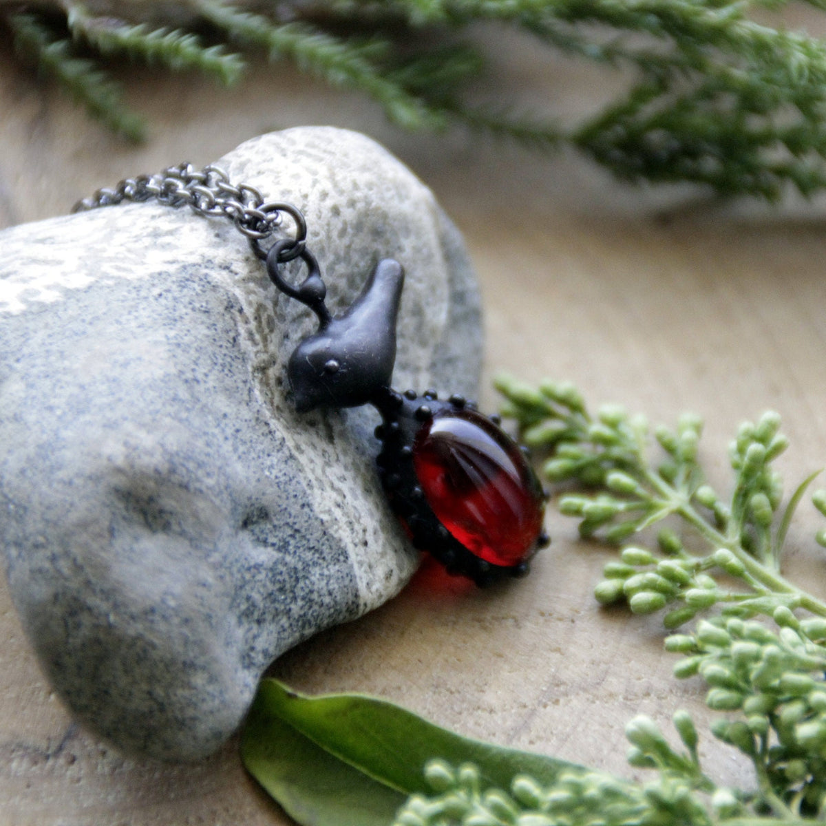 Red Glass Bird Necklace – Blackened Copper & Pewter Woodland Pendant – Boho