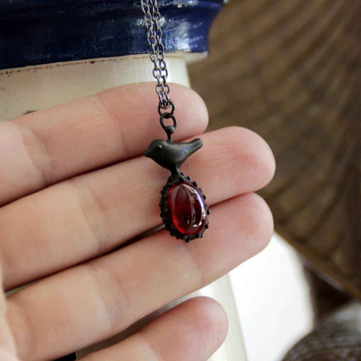 Red Glass Bird Necklace – Blackened Copper & Pewter Woodland Pendant – Boho