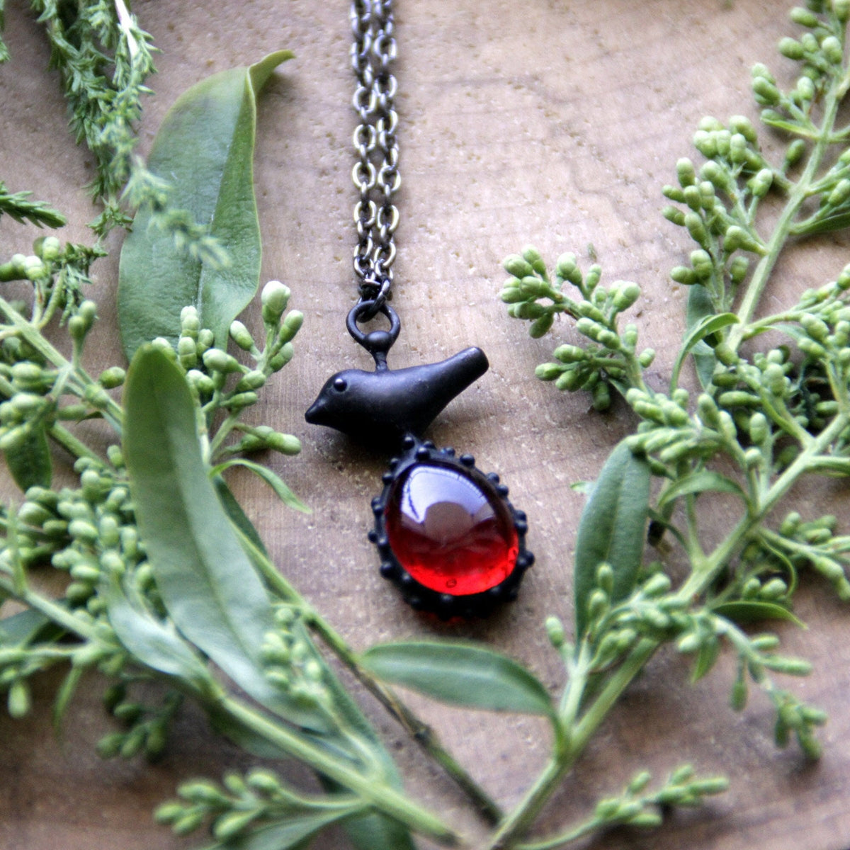 Red Glass Bird Necklace – Blackened Copper & Pewter Woodland Pendant – Boho