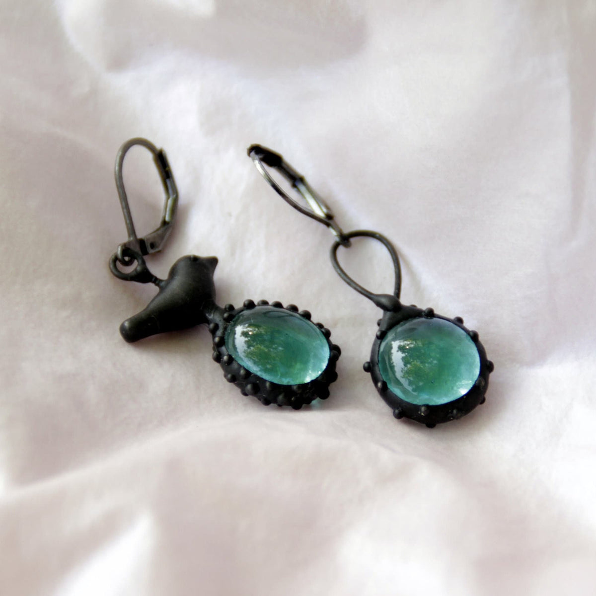 Teal Blue Glass Asymmetrical Bird Earrings – Blackened Copper