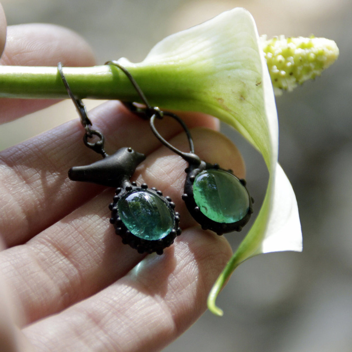 Teal Blue Glass Asymmetrical Bird Earrings – Blackened Copper