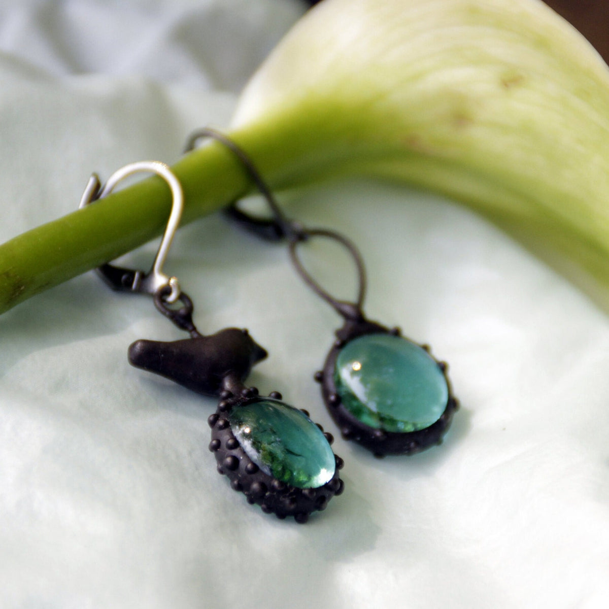 Teal Blue Glass Asymmetrical Bird Earrings – Blackened Copper