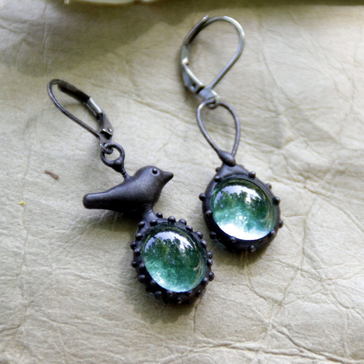 Teal Blue Glass Asymmetrical Bird Earrings – Blackened Copper