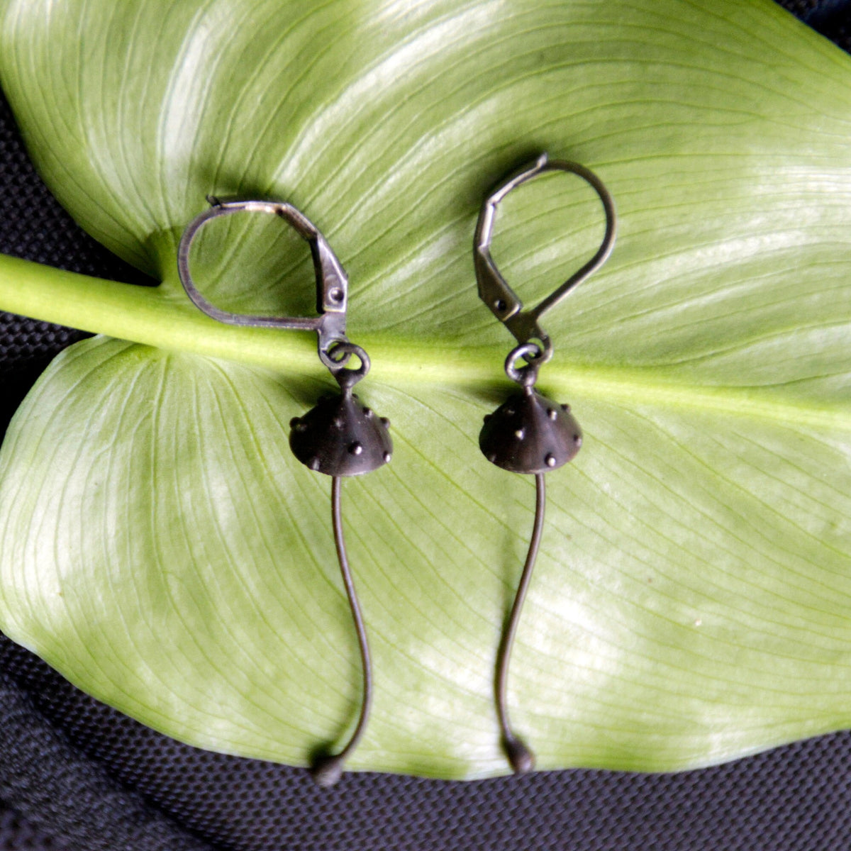 Black Amanita Long Stem Earrings – Copper & Pewter