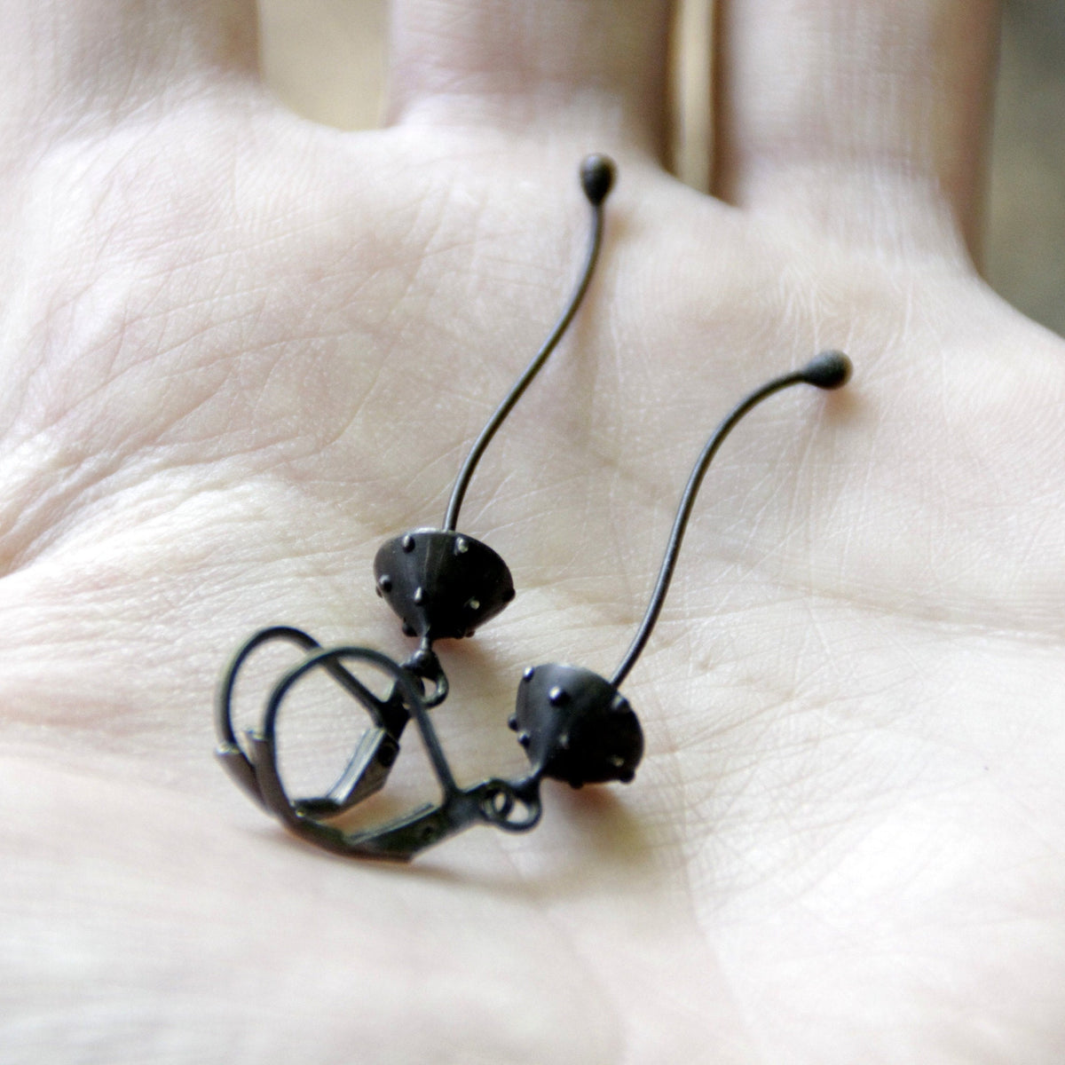 Black Amanita Long Stem Earrings – Copper & Pewter