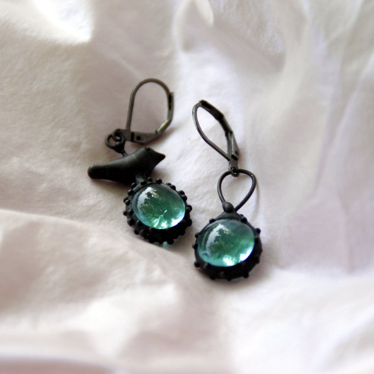 Teal Blue Glass Asymmetrical Bird Earrings – Blackened Copper