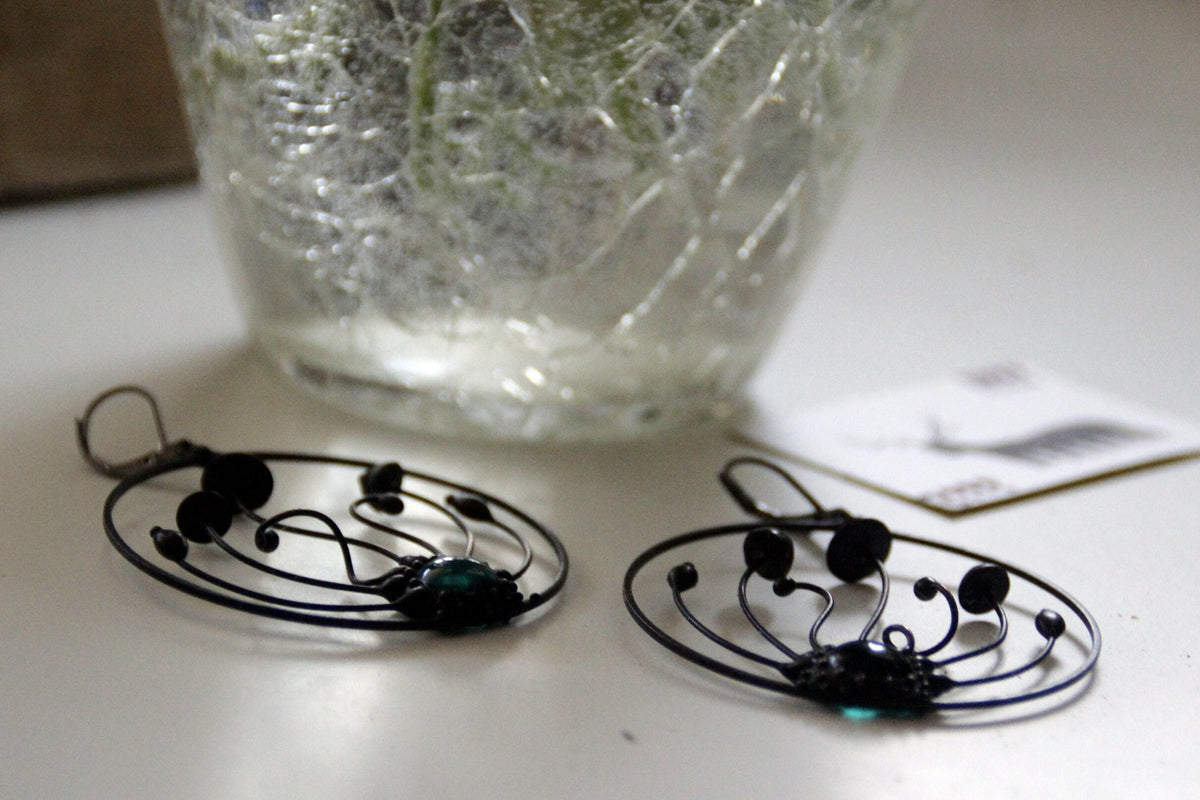 Green Glass Mushroom Trio Hoop Earrings – Blackened Copper