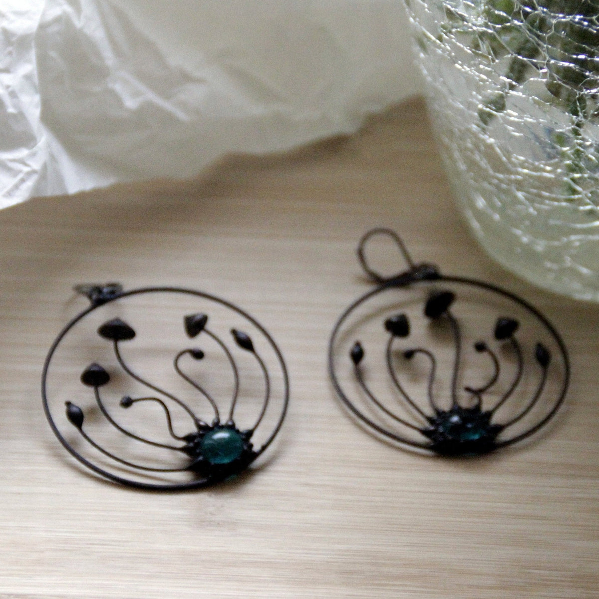 Green Glass Mushroom Trio Hoop Earrings – Blackened Copper