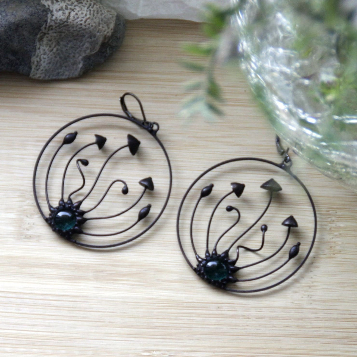Green Glass Mushroom Trio Hoop Earrings – Blackened Copper