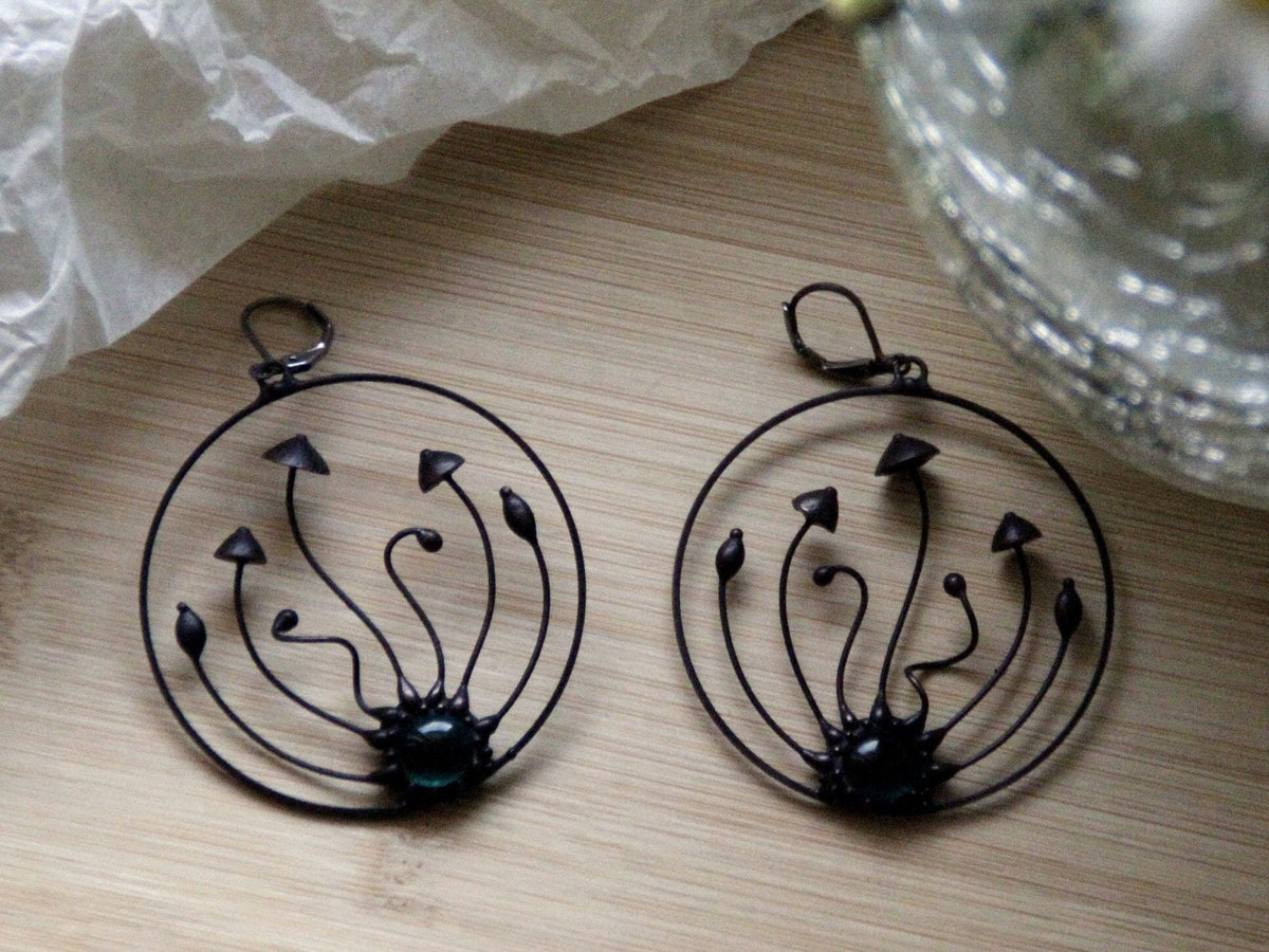 Green Glass Mushroom Trio Hoop Earrings – Blackened Copper