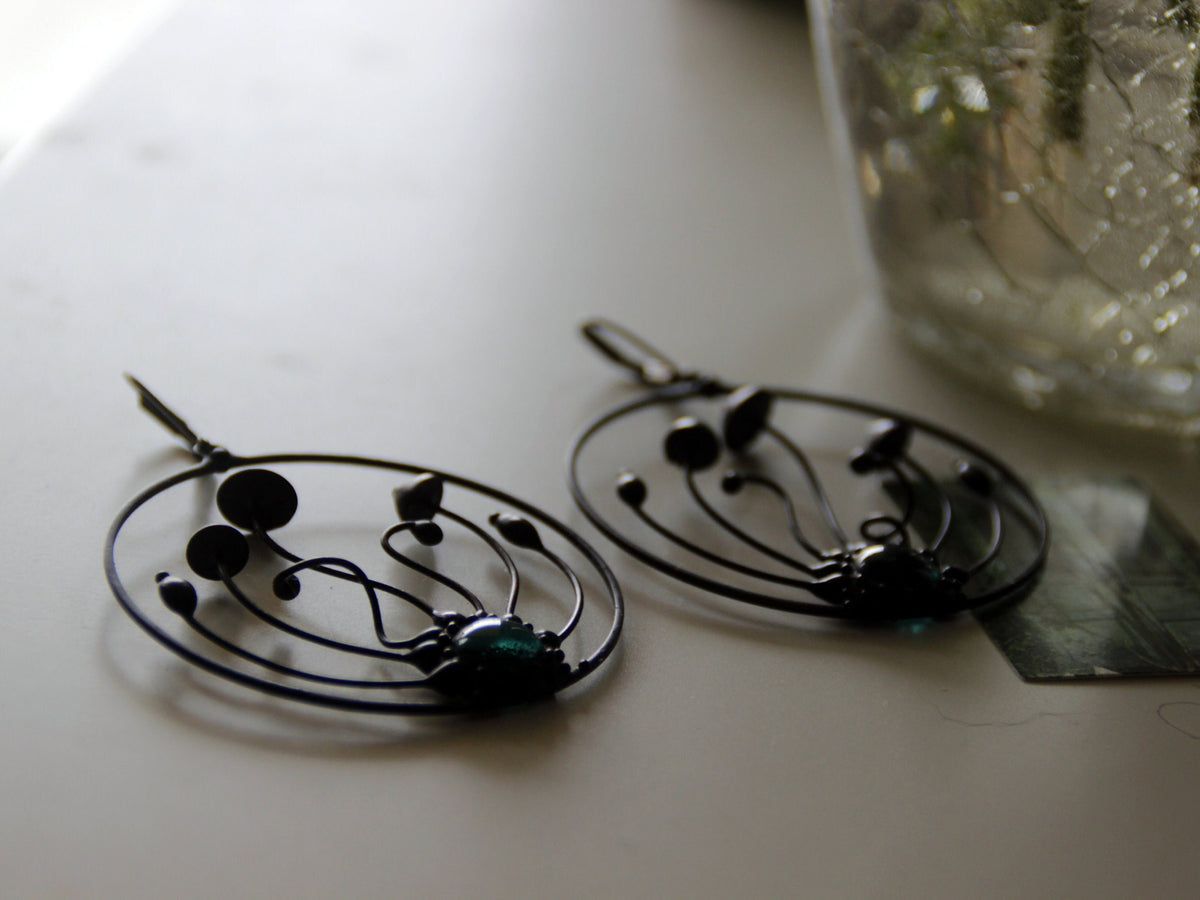 Green Glass Mushroom Trio Hoop Earrings – Blackened Copper