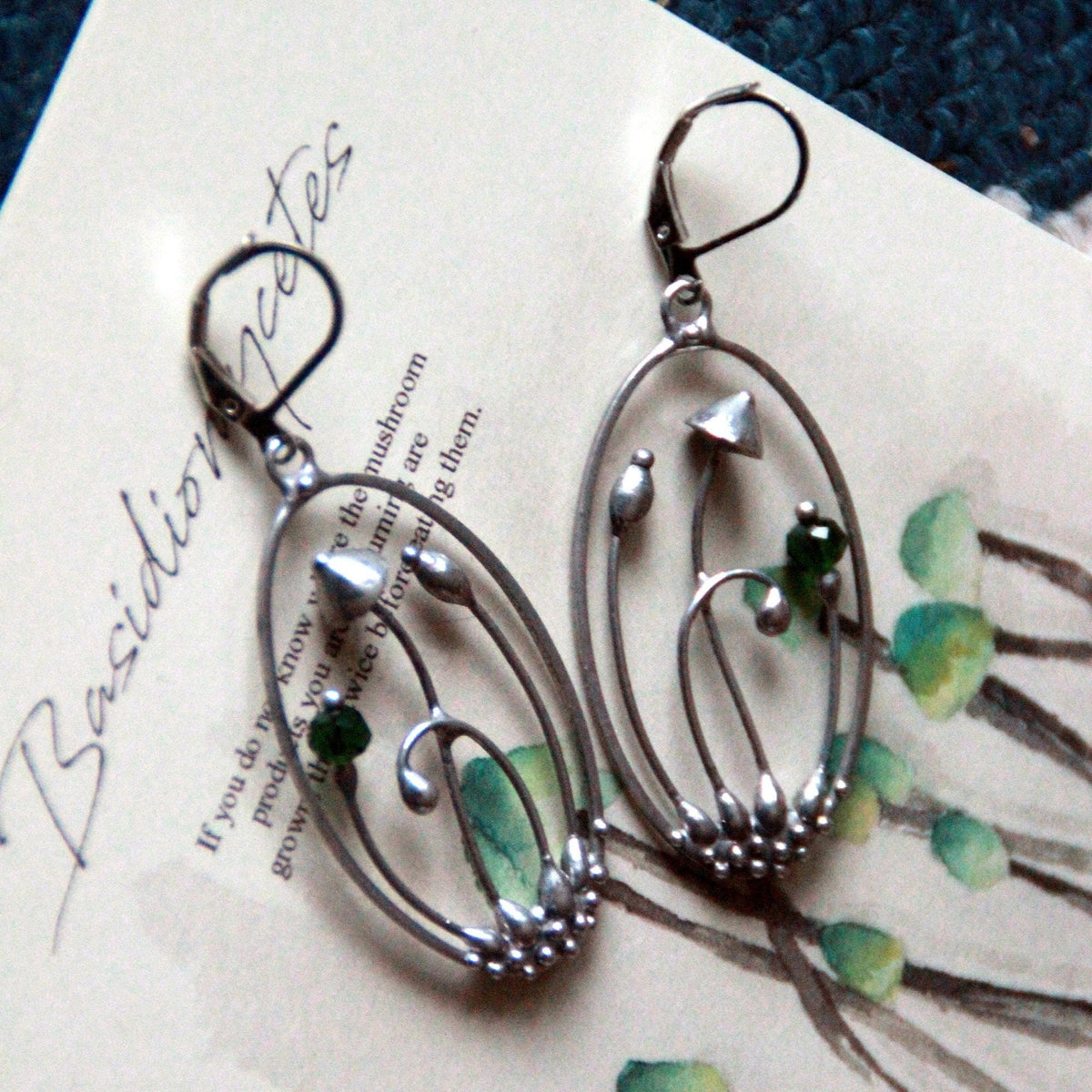 Green Glass Mushroom Earrings – Silver Tone