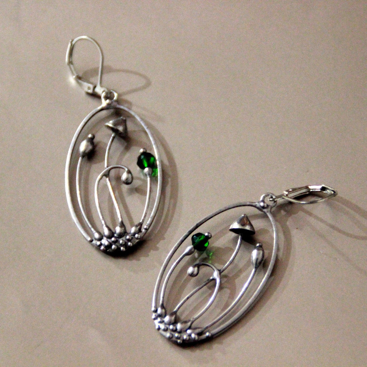 Green Glass Mushroom Earrings – Silver Tone