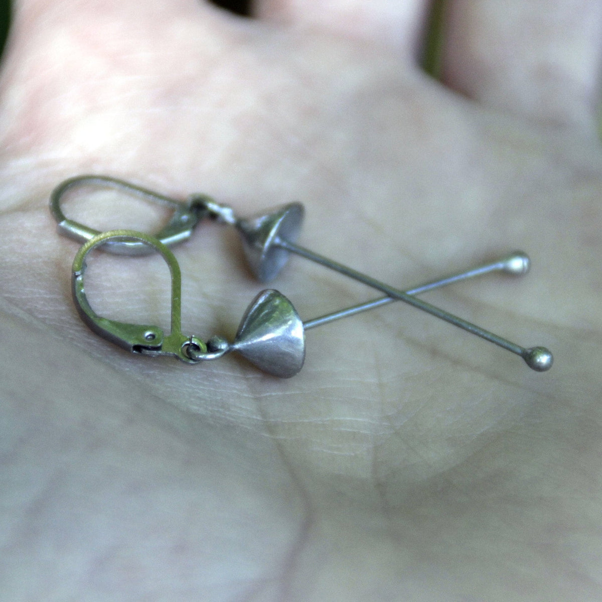 Silver Mushroom Earrings – Copper & Pewter Long Stem Dangles – Minimalist Forest