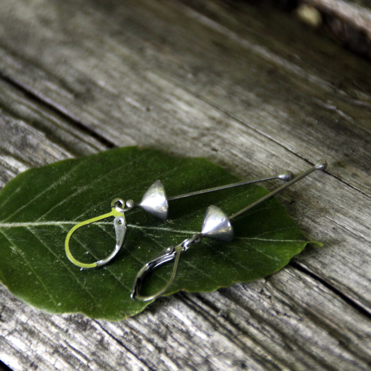 Silver Mushroom Earrings – Copper & Pewter Long Stem Dangles – Minimalist Forest