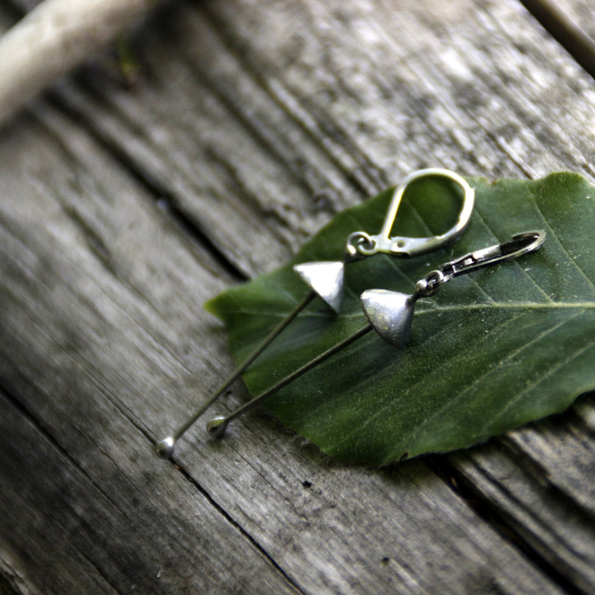 Silver Mushroom Earrings – Copper & Pewter Long Stem Dangles – Minimalist Forest