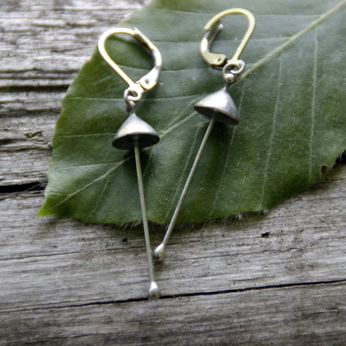 Silver Mushroom Earrings – Copper & Pewter Long Stem Dangles – Minimalist Forest