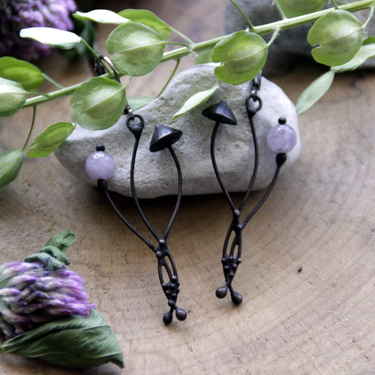 Rose Quartz Mushroom Earrings – Blackened Copper