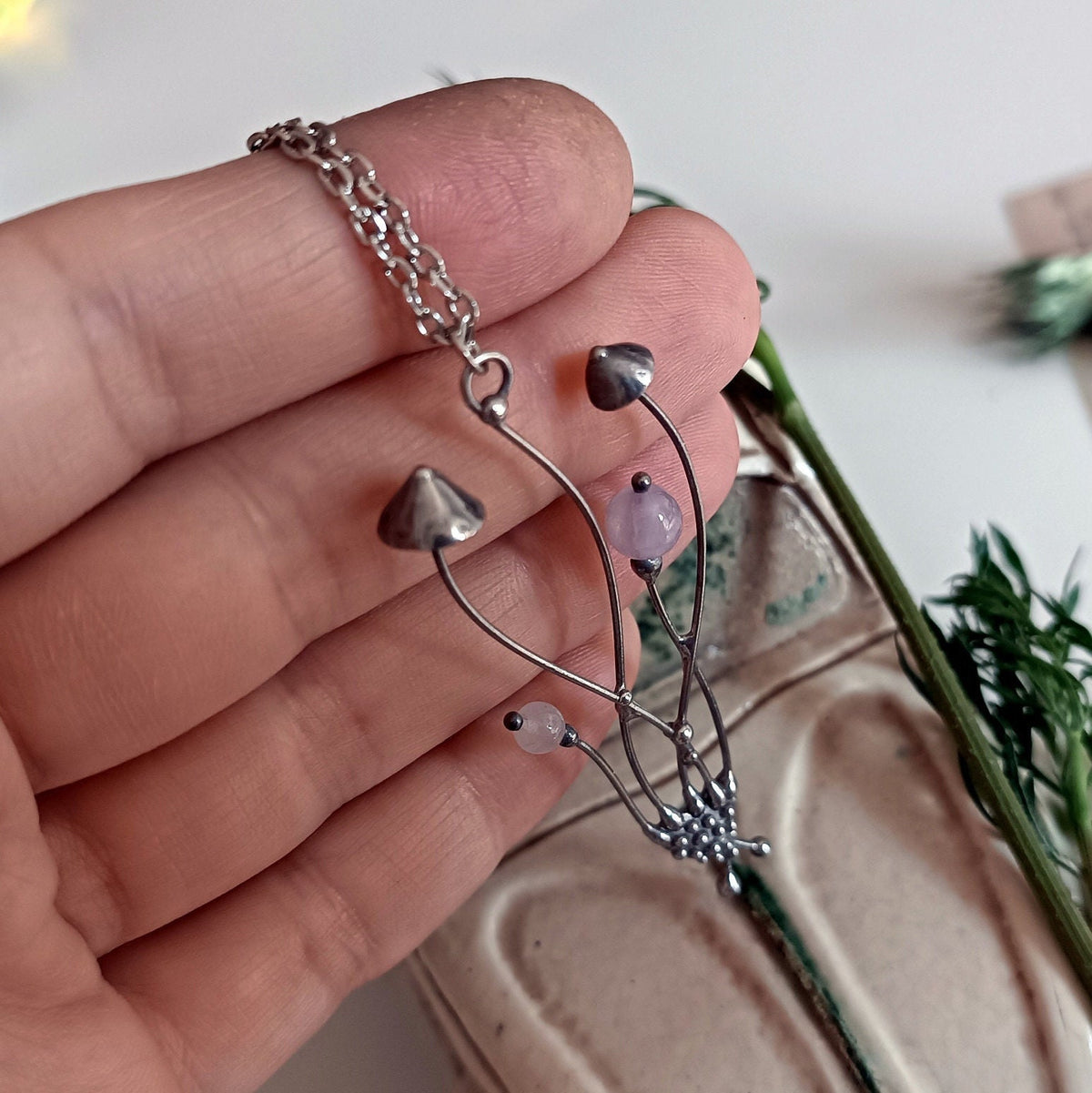 Rose Quartz Mushroom Necklace – Silver Tone