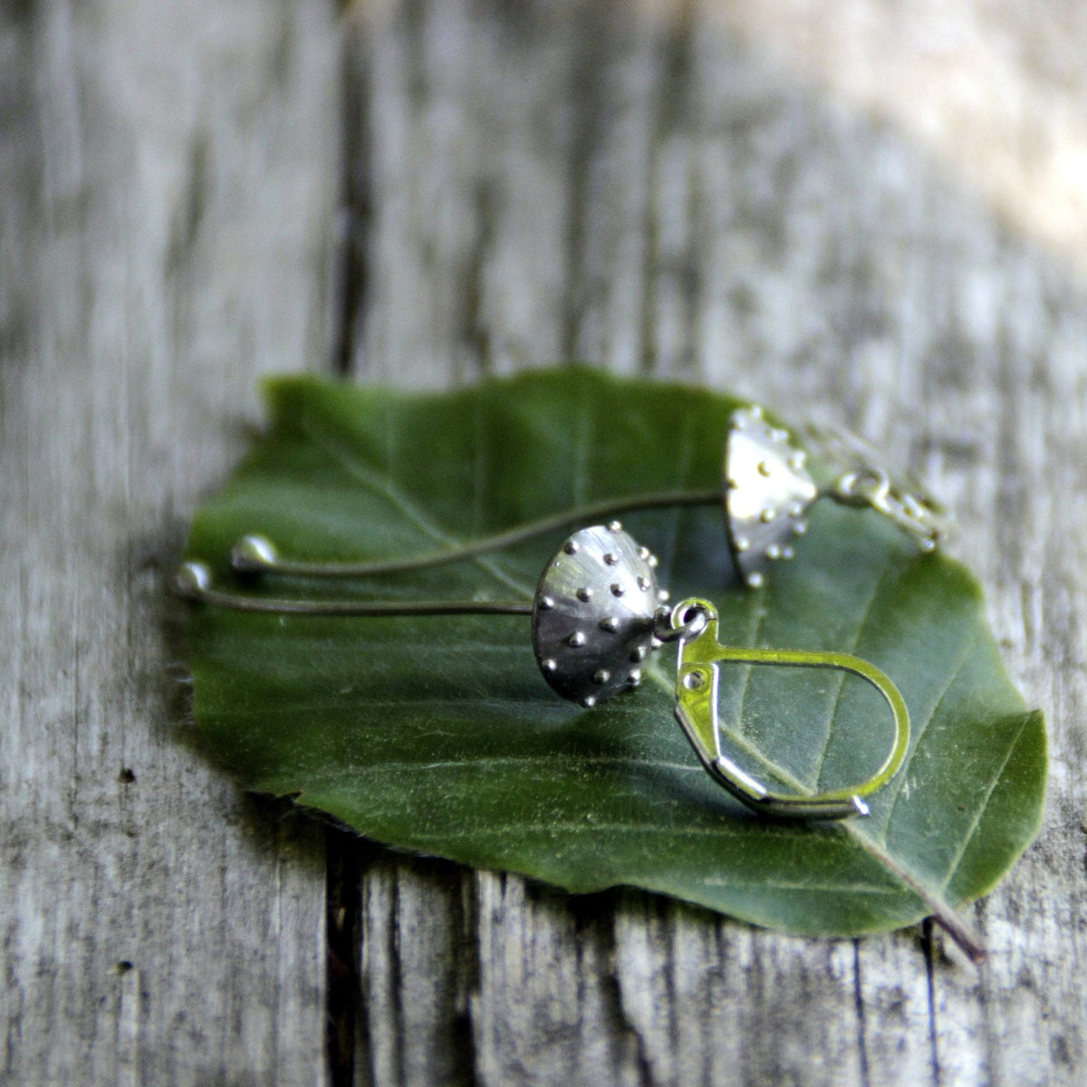 Silver Amanita Mushroom Earrings – Copper & Pewter Long Stem Dangles – Fairy Forest
