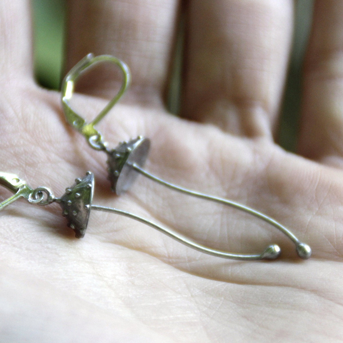 Silver Amanita Mushroom Earrings – Copper & Pewter Long Stem Dangles – Fairy Forest