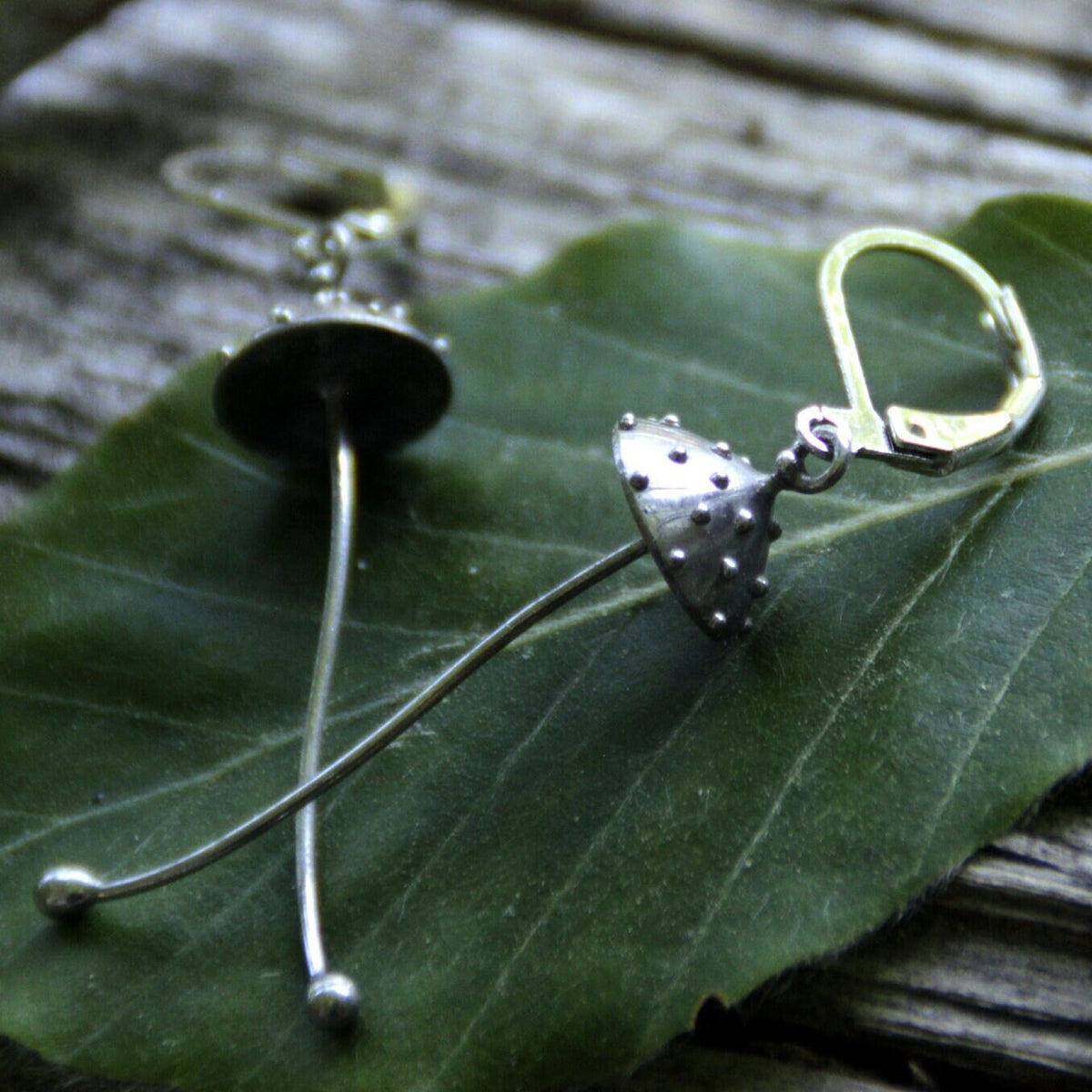 Silver Amanita Mushroom Earrings – Copper & Pewter Long Stem Dangles – Fairy Forest