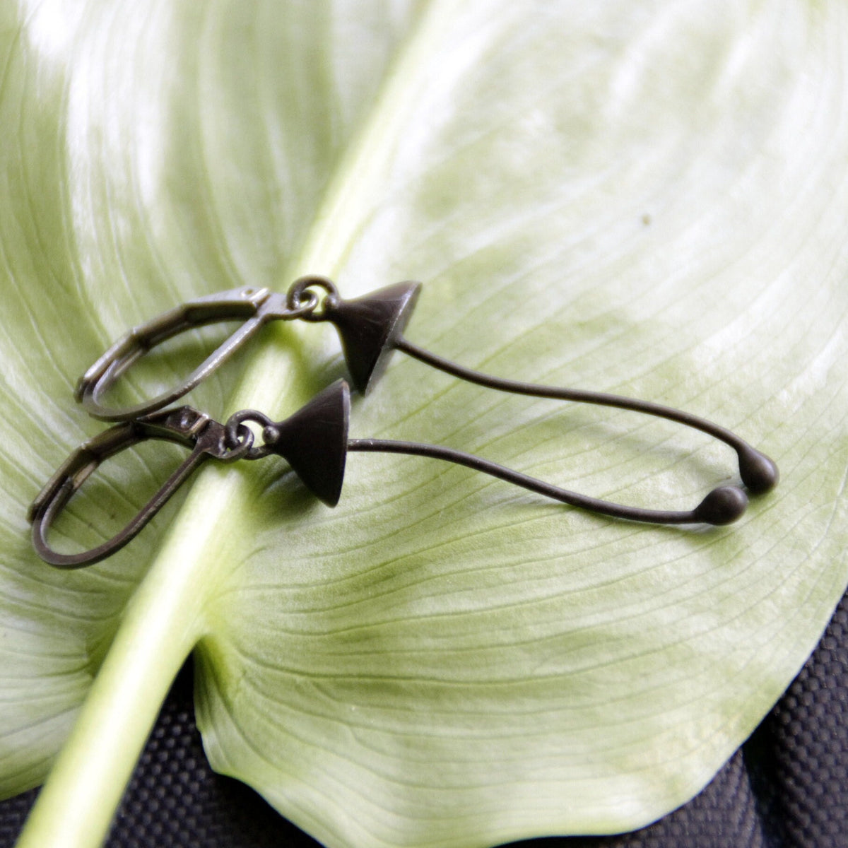 Black Mushroom Earrings – Copper & Pewter Long Stem Dangles – Minimalist Forest