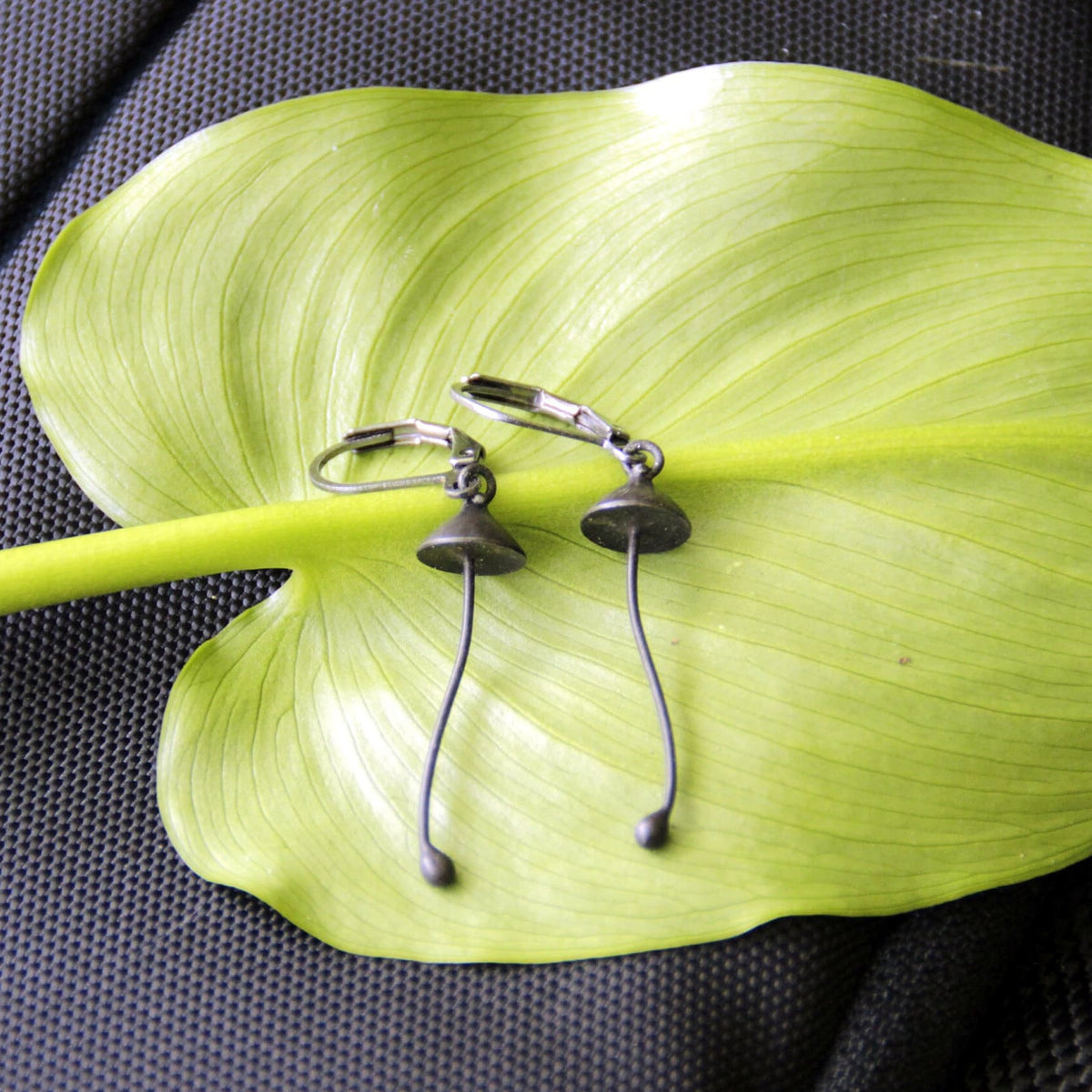 Black Mushroom Earrings – Copper & Pewter Long Stem Dangles – Minimalist Forest