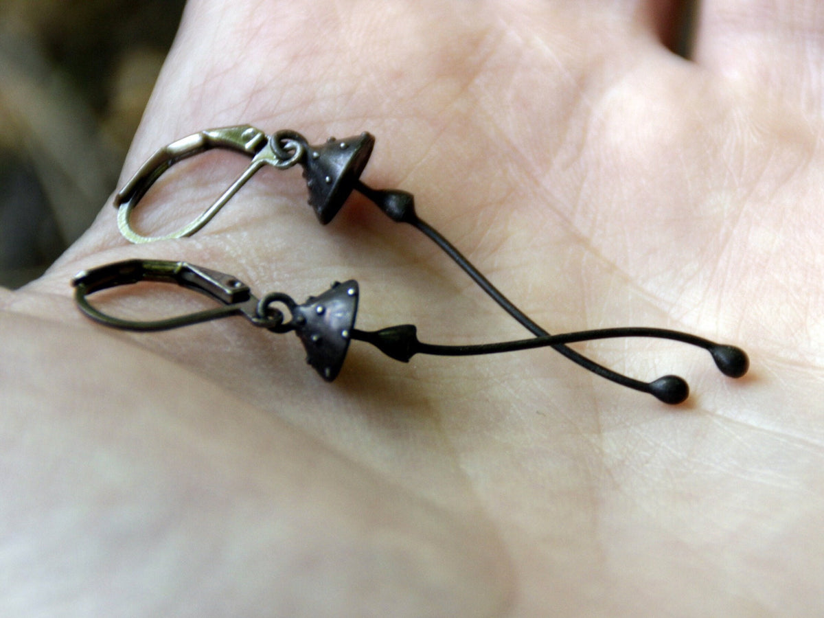 Black Amanita Mushroom Earrings – Copper & Pewter Toadstool Dangles – Woodland Witch