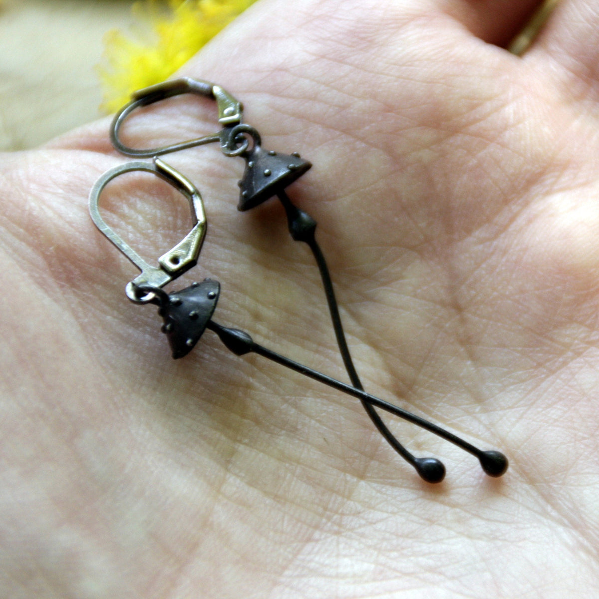 Black Amanita Mushroom Earrings – Copper & Pewter Toadstool Dangles – Woodland Witch