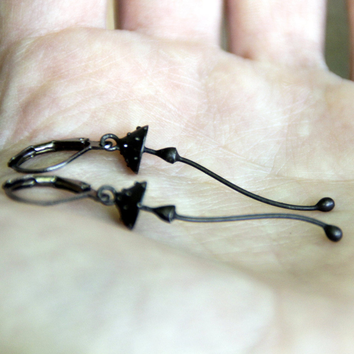 Black Amanita Mushroom Earrings – Copper & Pewter Toadstool Dangles – Woodland Witch