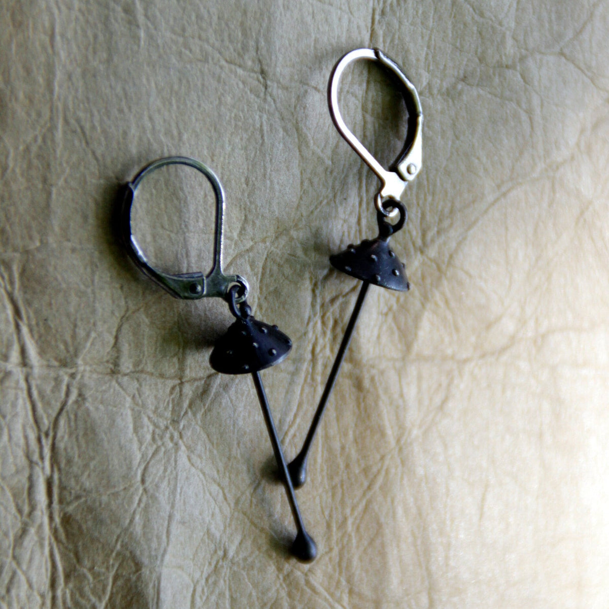 Black Amanita Mushroom Earrings – Copper & Pewter Long Stem Dangles – Forest Witch