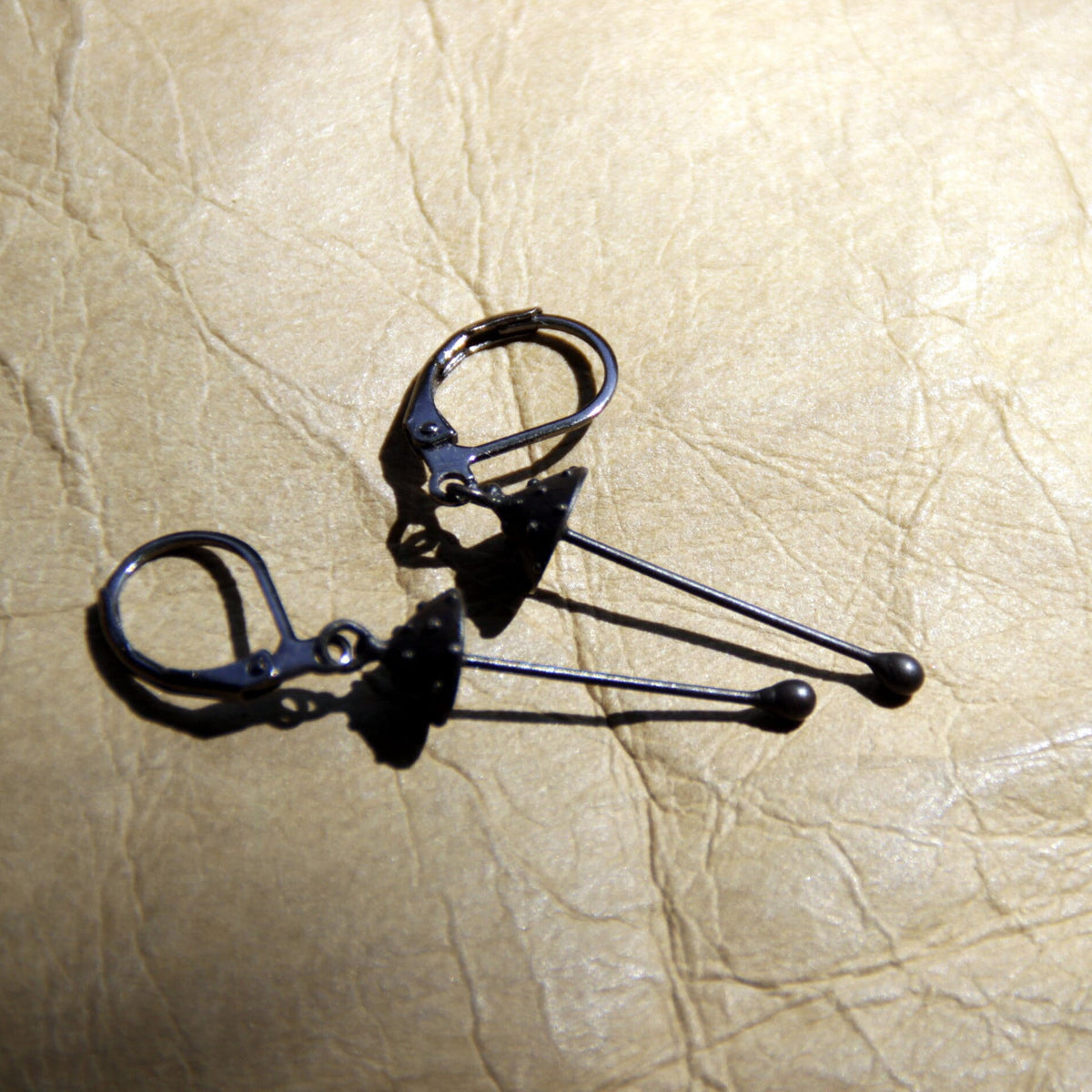Black Amanita Mushroom Earrings – Copper & Pewter Long Stem Dangles – Forest Witch