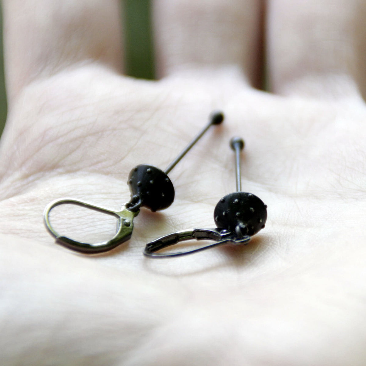 Black Amanita Mushroom Earrings – Copper & Pewter Long Stem Dangles – Forest Witch